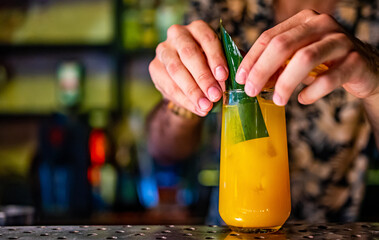 The bartender making cocktail with fruit in a nightclub bar