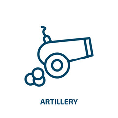 artillery icon from army collection. Thin linear artillery, gun, vehicle outline icon isolated on white background. Line vector artillery sign, symbol for web and mobile