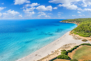 Landscape with aerial view of Platja de Binigaus, Menorca island, Spain
