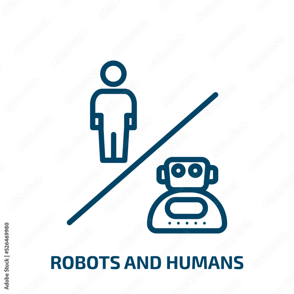 Poster robots and humans icon from artificial intellegence and future technology collection. Thin linear robots and humans, robot, human outline icon isolated on white background. Line vector robots and