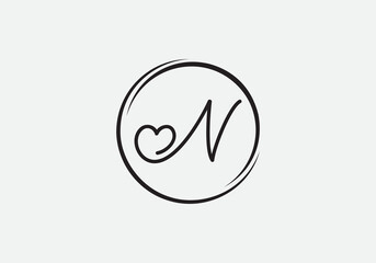 Love font logo design vector sign. Love and heart icon and symbol design vector with N
