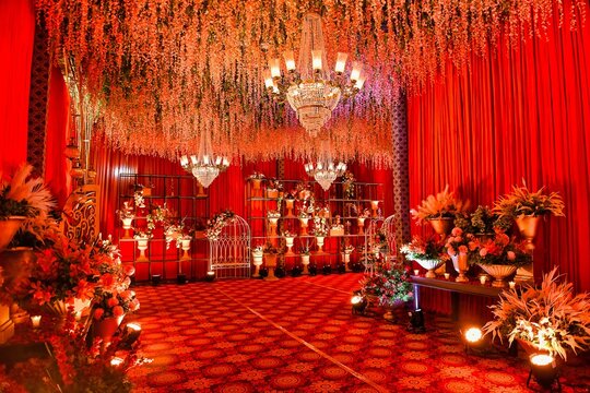 Beautiful Indian wedding setup with stage decorations and flowers