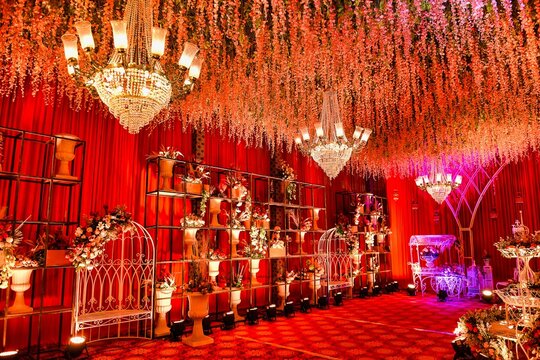 Beautiful Indian wedding setup with stage decorations and flowers