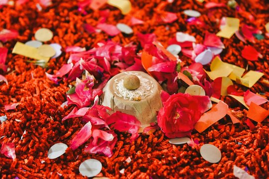 Closeup of the details of the Mangal Phera ritual during a traditional Indian wedding