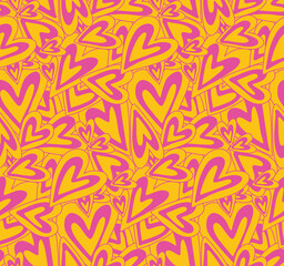 Groovy purple yellow hearts Y2K 90s seamless pattern vector background. Retro hippie romantic repeat texture wallpaper, textile design.