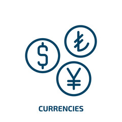 currencies icon from business collection. Thin linear currencies, money, bank outline icon isolated on white background. Line vector currencies sign, symbol for web and mobile