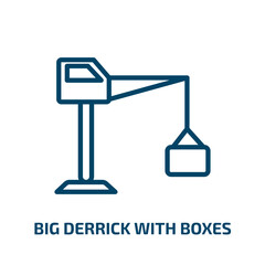 big derrick with boxes icon from construction collection. Thin linear big derrick with boxes, box, crane outline icon isolated on white background. Line vector big derrick with boxes sign, symbol for