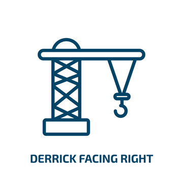derrick facing right icon from construction collection. Thin linear derrick facing right, road, truck outline icon isolated on white background. Line vector derrick facing right sign, symbol for web