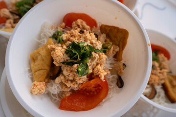 Bun Rieu Cua, Crab paste vermicelli soup with minced shrimp, tofu, tomato, shrimp paste, Vietnamese food