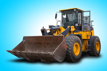 Heavy Power Bulldozer isolated on a blue background for advertising banner