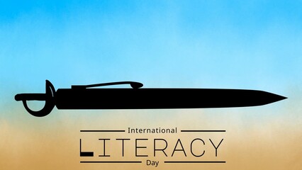 Concept of collaboration of pen and sword to show that pen or education is powerful weapon. Literacy Day 2022