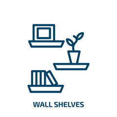 wall shelves icon from furniture & household collection. Thin linear wall shelves, shelf, wall outline icon isolated on white background. Line vector wall shelves sign, symbol for web and mobile