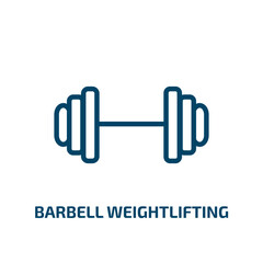 barbell weightlifting icon from gym and fitness collection. Thin linear barbell weightlifting, barbell, fitness outline icon isolated on white background. Line vector barbell weightlifting sign,