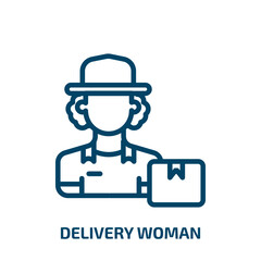 delivery woman icon from people collection. Thin linear delivery woman, box, delivery outline icon isolated on white background. Line vector delivery woman sign, symbol for web and mobile