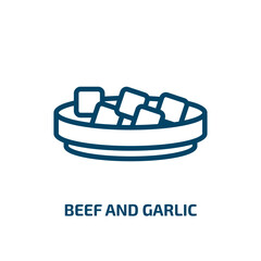 beef and garlic icon from culture collection. Thin linear beef and garlic, beef, food outline icon isolated on white background. Line vector beef and garlic sign, symbol for web and mobile