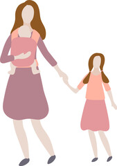 Mother with children. Mom holding daughter by the hand and the newborn is in baby carrier