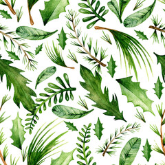 Seamless watercolor winter pattern. Hand drawn different green Christmas tree branches, coniferous branches and holly leaves on a white background. New Year, Merry Christmas. Design for wrapping paper