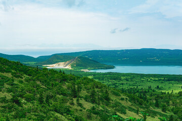Fototapeta na wymiar view of the Golovnin volcano caldera with hot lakes on Kunashir island
