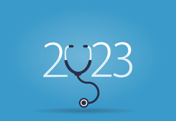 happy new year 2023. Number 2023 with Stethoscope. health medical concept
