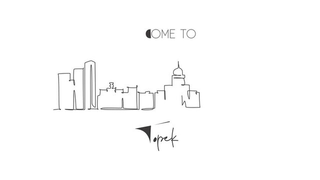 Animated self drawing of one continuous line draw Topeka city skyline, Kansas. Beautiful landmark. World landscape tourism travel home wall decor poster print. Full length single line animation.