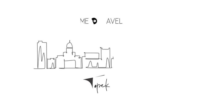 Self drawing animation of single line draw Topeka city skyline, Kansas. World historical town landscape. Best holiday destination postcard. Editable stroke continuous line draw. Full length animated.