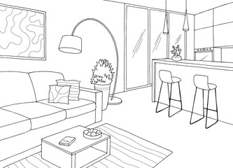 Living room graphic black white interior sketch illustration vector 