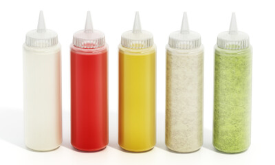 Various sauces inside plastic food squeeze bottles. 3D illustration