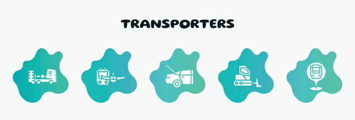 transporters filled icons set. flat icons such as miscellaneous, trunk open, bulldozer side view, checkpoint, truck cabin side view icon collection. can be used web and mobile.