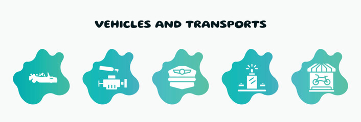 vehicles and transports filled icons set. flat icons such as car engine, pilot hat, luggage scan, bike shop, motorboat icon collection. can be used web and mobile.