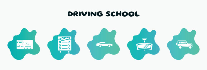 driving school filled icons set. flat icons such as flight information, sportive car, rear-view mirror, 4x4, driving pass icon collection. can be used web and mobile.