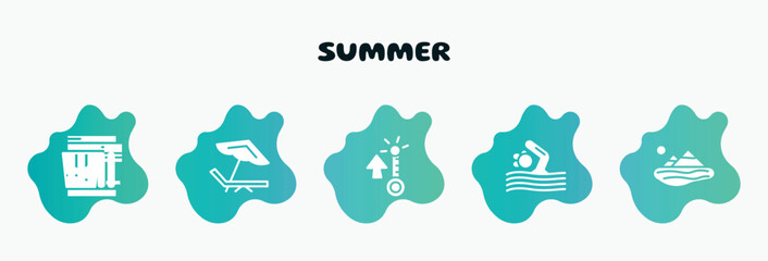 summer filled icons set. flat icons such as beach chair, summer temperature, swimming person, lake, air mattress icon collection. can be used web and mobile. - obrazy, fototapety, plakaty