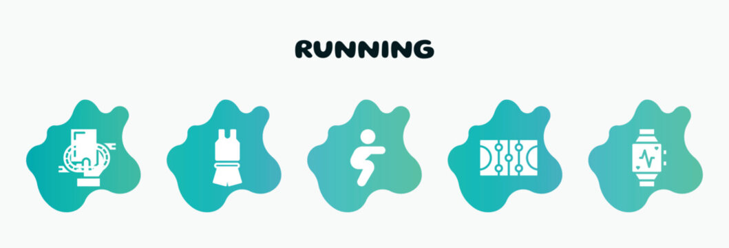running filled icons set. flat icons such as sport wear, squats, ice court, pulsometer, race track icon collection. can be used web and mobile.