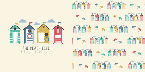 The beach life. T-shirt design and seamless pattern