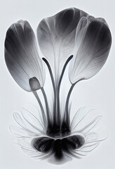 Abstract illustration of a flower in x-ray style, isolated on white, transparent details, monochrome, botanical