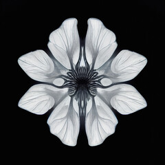 Abstract illustration of a flower in x-ray style, isolated on black, transparent details, monochrome, botanical