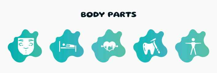 body parts filled icons set. flat icons such as human sleeping on bed, life, tooth with a dentist tool, human body standing, female hips and waist icon collection. can be used web and mobile.