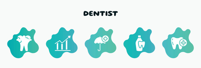 dentist filled icons set. flat icons such as increasing bargraph, umbrella with plus, dentist bottle with liquid, tooth with a plus, dental caries icon collection. can be used web and mobile.