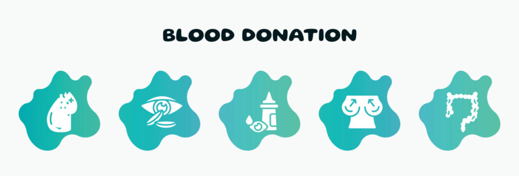 blood donation filled icons set. flat icons such as contact lens, eye drop, boobs, intestine, type a icon collection. can be used web and mobile.