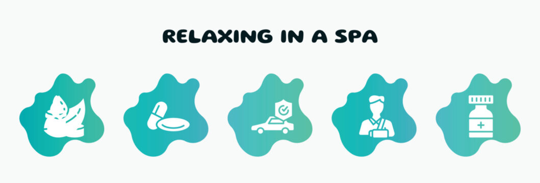 relaxing in a spa filled icons set. flat icons such as 2 pills, car insurance, broken arm, medicine container, candle and stone icon collection. can be used web and mobile.