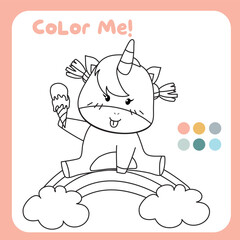Coloring unicorn worksheet for children. Educational printable worksheet. Motor skills for children. Vector illustrations. 
