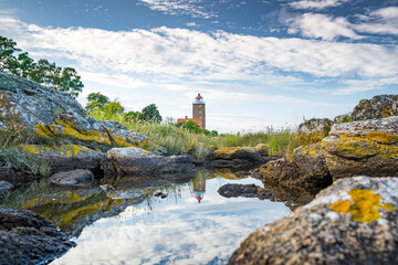 lighthouse on the coast of the sea on island bornholm denmark