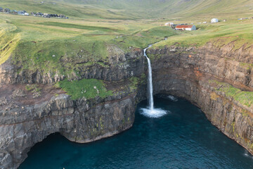 Spectacular morning view from popular tourist destination. Aerial view. Colorful summer landscape of Faroese fjords. Calm outdoor scene of Faroe Islands, Denmark. Beauty of nature concept background.