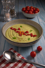 Vegan recipe for cucumber and courgette gazpacho with tomatoes. High quality photo