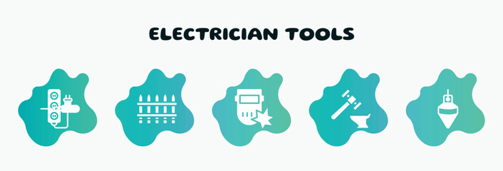 electrician tools filled icons set. flat icons such as fences, weld, blacksmith, plumb bob, extension cord icon collection. can be used web and mobile.