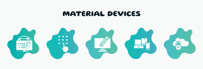 material devices filled icons set. flat icons such as entering password, screen with pencil, phone tablet and laptop, password of internet, radio alarm icon collection. can be used web and mobile.