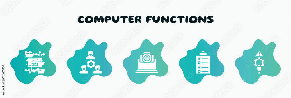Poster computer functions filled icons set. flat icons such as work team, cam, data list, connectivity, dir