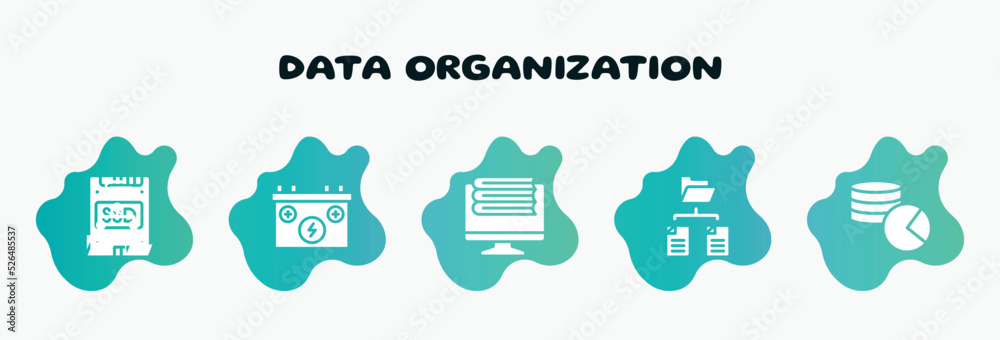 Poster data organization filled icons set. flat icons such as power source, on, folder network, database us