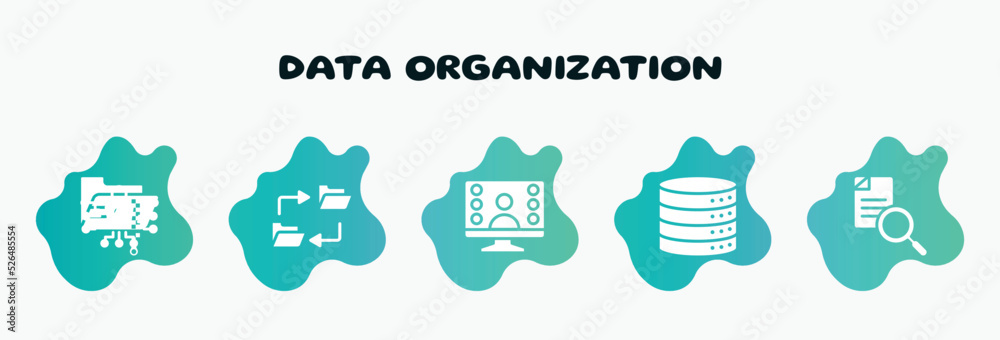 Poster data organization filled icons set. flat icons such as data synchronization, wenibar, data storage, 