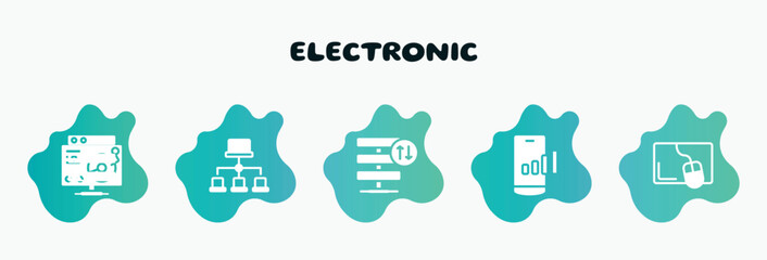 electronic filled icons set. flat icons such as site map, server traffic, mobile network, mouse pad, lp player icon collection. can be used web and mobile.