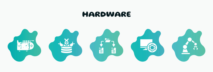 hardware filled icons set. flat icons such as ddos, file sharing, computer tings, mechanical arm, handheld console icon collection. can be used web and mobile.